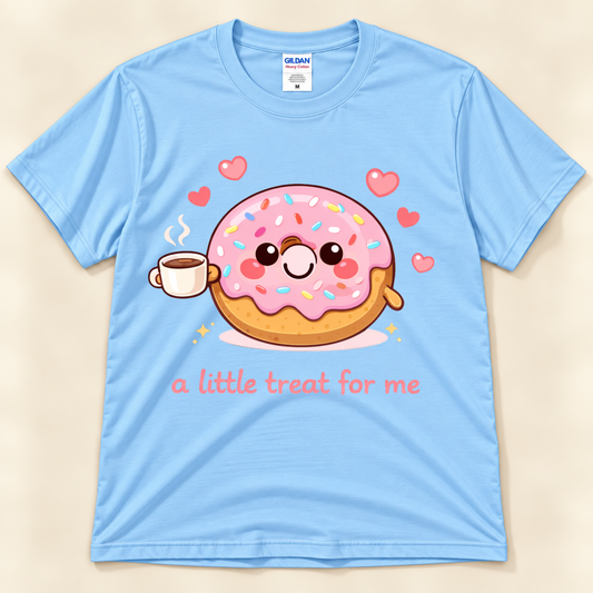 Light Blue Gildan 5000 donut graphic shirt featuring a smiling pink sprinkle donut holding coffee, floating hearts, and the A Little Treat For Me saying from New Chapter Tees, a California small business.