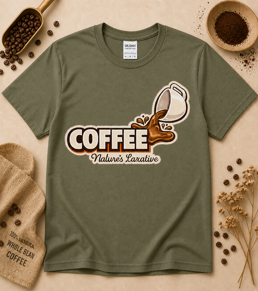 Military Green Coffee Nature’s Laxative funny caffeine graphic tee featuring coffee splash artwork cozy unisex coffee lover apparel for baristas and latte drinkers