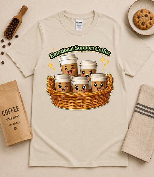 Sand Gildan Emotional Support Coffee shirt with cute kawaii coffee cups in basket and cozy coffee aesthetic props