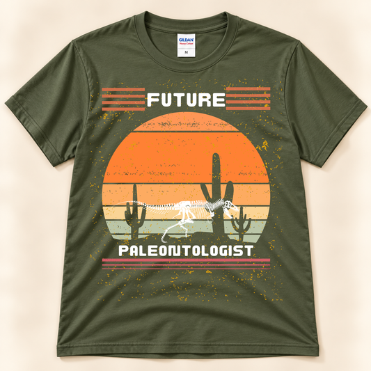 Military Green Gildan 5000 Future Paleontologist tee with a retro dinosaur skeleton, desert sunset and vintage paleontology graphic.
