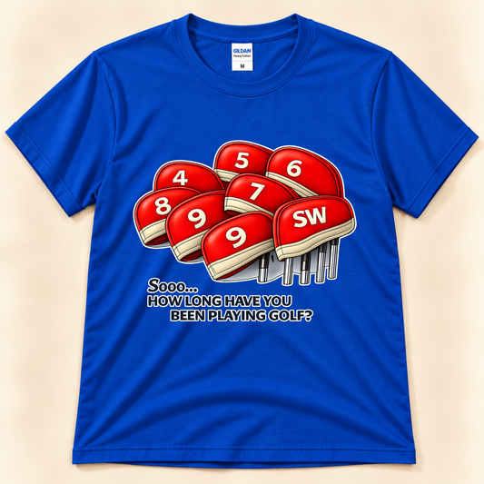 Royal Blue Gildan 5000 funny golfer shirt featuring bright red golf club headcovers and a humorous golf question from New Chapter Tees, a California small business.