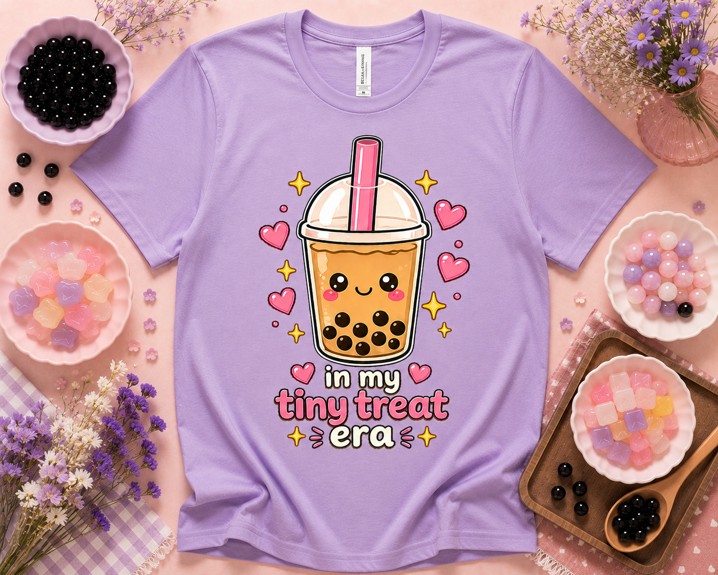 In My Tiny Treat Era dark lavender Bella Canvas 3001 cute boba graphic tee for bubble tea fans
