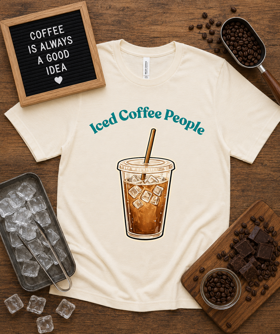 Cute Iced Coffee People graphic tee on Natural Bella Canvas 3001 premium soft shirt featuring iced coffee illustration for coffee lovers neutral aesthetic graphic apparel USA