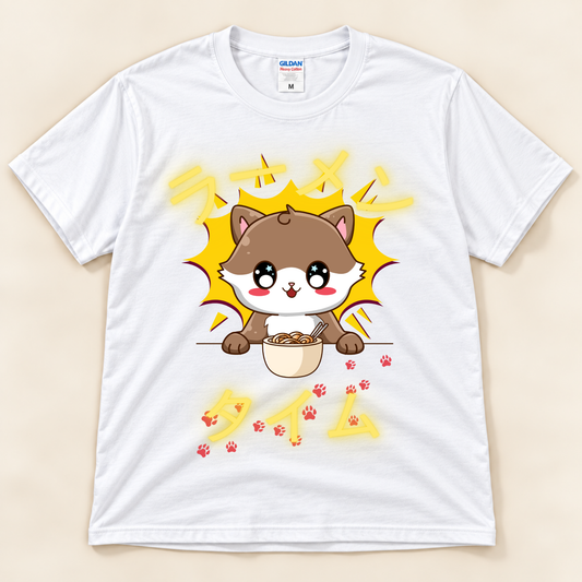 White Gildan 5000 kawaii cat ramen shirt featuring a brown cat eating noodles with Japanese Ramen Time artwork.