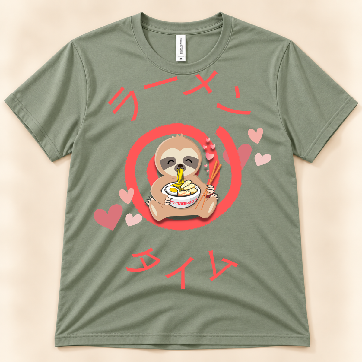 Sage Bella Canvas 3001 kawaii sloth ramen shirt with a cute sloth eating noodles, hearts and Japanese Ramen Time design.