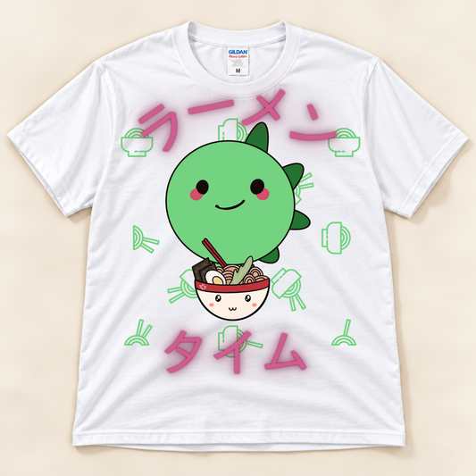 White Gildan 5000 dinosaur ramen graphic tee featuring a cute green stegosaurus, ramen bowl and Japanese Ramen Time artwork.