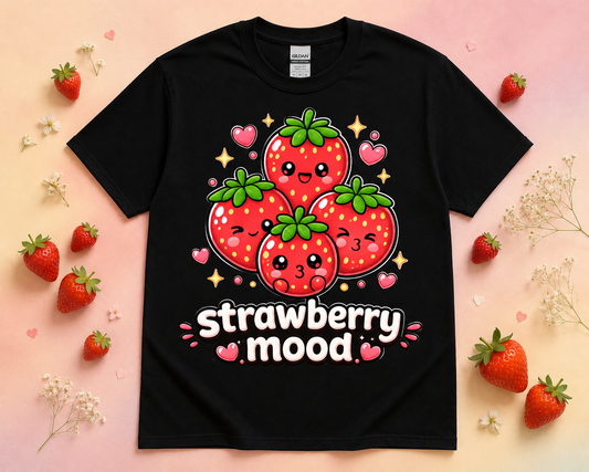 Cute Strawberry Mood graphic tee on black Gildan 5000 shirt flat lay with kawaii strawberries pink hearts fresh strawberries and boutique style props for women teens girls foodie aesthetic fashion