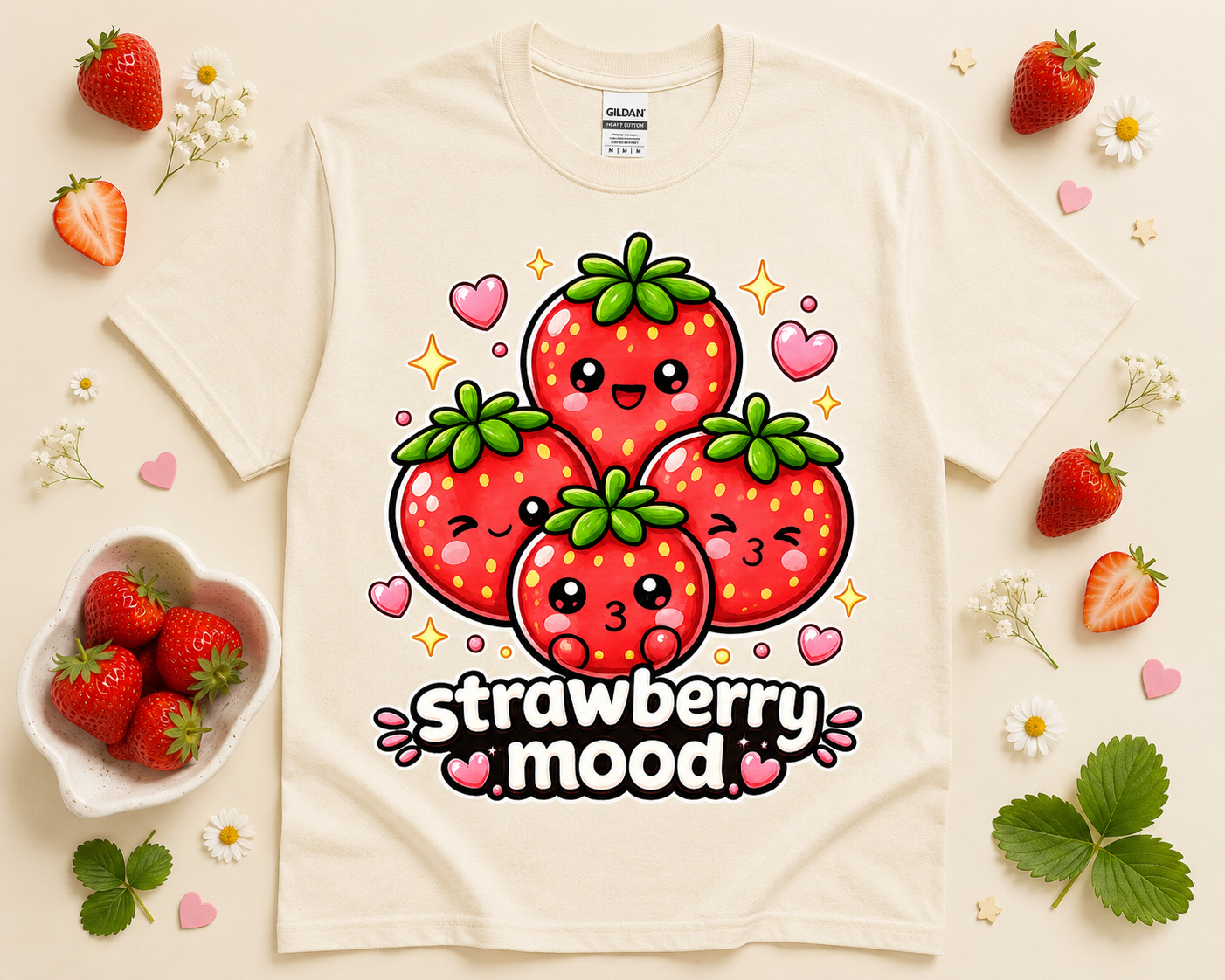 Natural cream Gildan 5000 Strawberry Mood kawaii strawberry graphic t shirt flat lay with soft neutral boutique props hearts and fresh strawberry aesthetic for women girls and teens