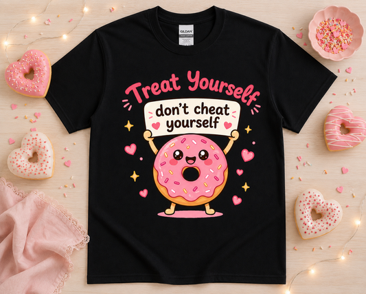 Funny donut graphic t shirt on black Gildan tee with pink kawaii dessert design and bakery boutique flat lay aesthetic for women teens and foodie gift ideas