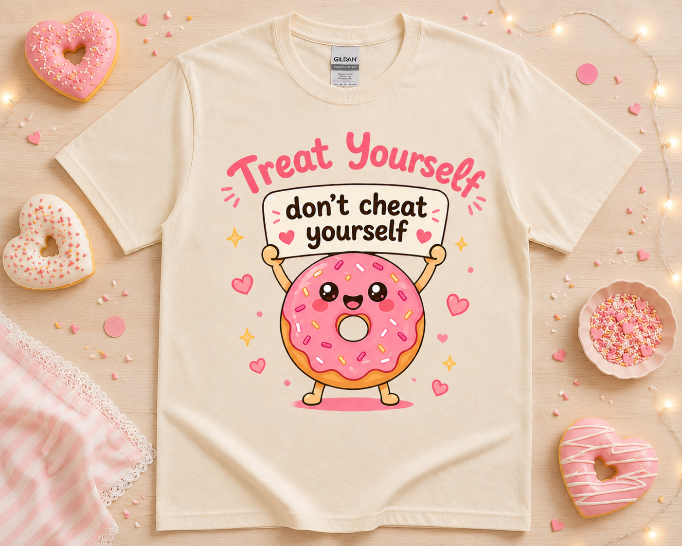 Cute donut foodie graphic t shirt on natural cream Gildan tee with kawaii dessert artwork and soft bakery boutique inspired flat lay styling