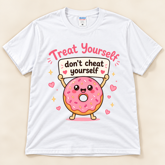 White Gildan 5000 Treat Yourself Don’t Cheat Yourself donut shirt featuring a smiling pink frosted donut holding an encouraging sign with hearts and golden sparkles, from New Chapter Tees, a California small business.