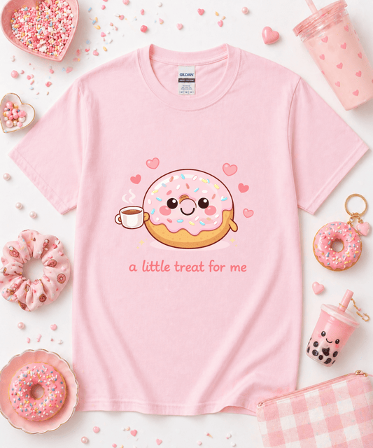 Light pink A Little Treat For Me funny foodie shirt with cute donut and coffee design
