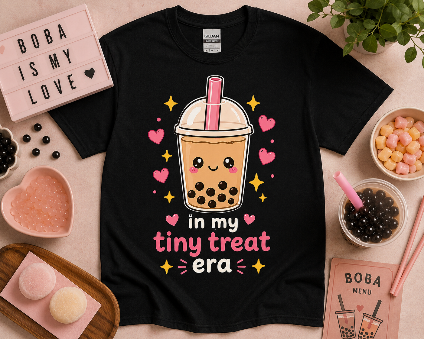 Black kawaii bubble tea shirt with in my tiny treat era design featuring pastel hearts sparkles and cute boba aesthetic styled for trendy soft life fashion and cozy café themed apparel