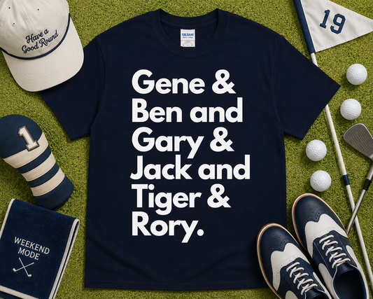 Career Grand Slam Golf Tee navy shirt with bold golf legends typography design and classic golf lifestyle styling