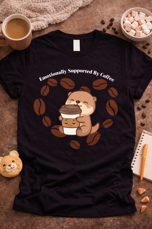 Black graphic t-shirt featuring cute otter hugging coffee cup with coffee beans and text “Emotionally Supported by Coffee,” styled in cozy flat lay with latte, marshmallows, and warm neutral props