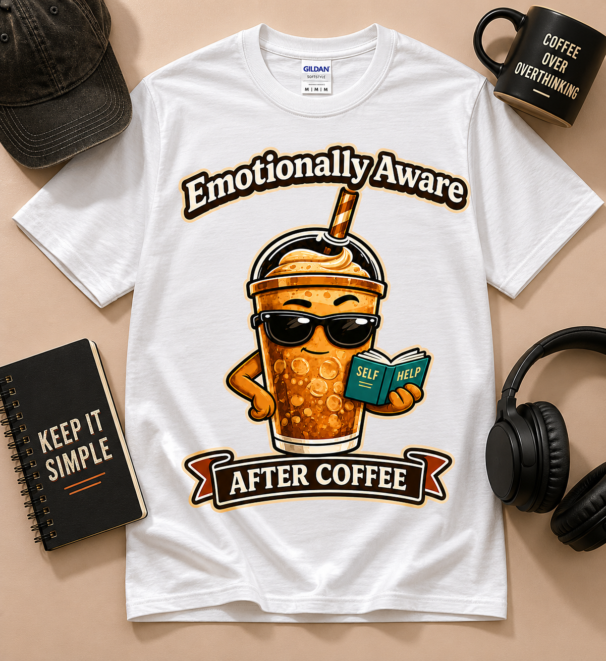 Emotionally Aware After Coffee funny iced coffee graphic tee on White Gildan shirt featuring coffee lover artwork and self help humor design