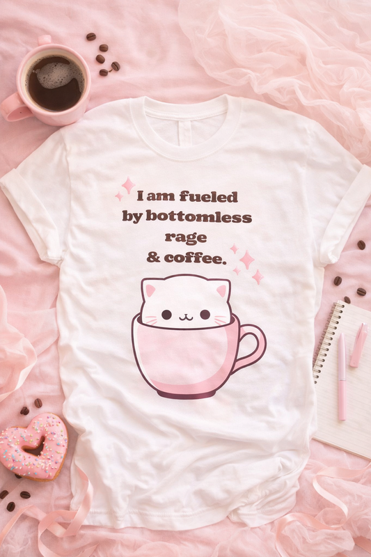 Fueled by bottomless rage and coffee cat graphic tee on white shirt with cute kawaii cat in coffee mug and sparkles styled in pink aesthetic flat lay for coffee lovers