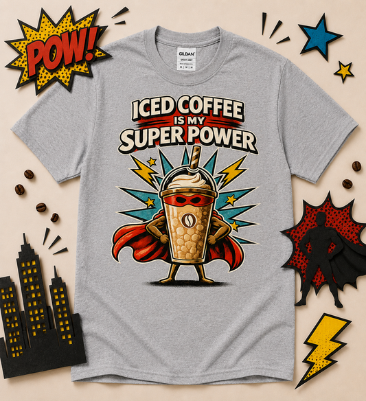 Funny iced coffee is my super power graphic t shirt on sport grey shirt with retro superhero coffee design for caffeine lovers coffee drinkers and coffee shop fans