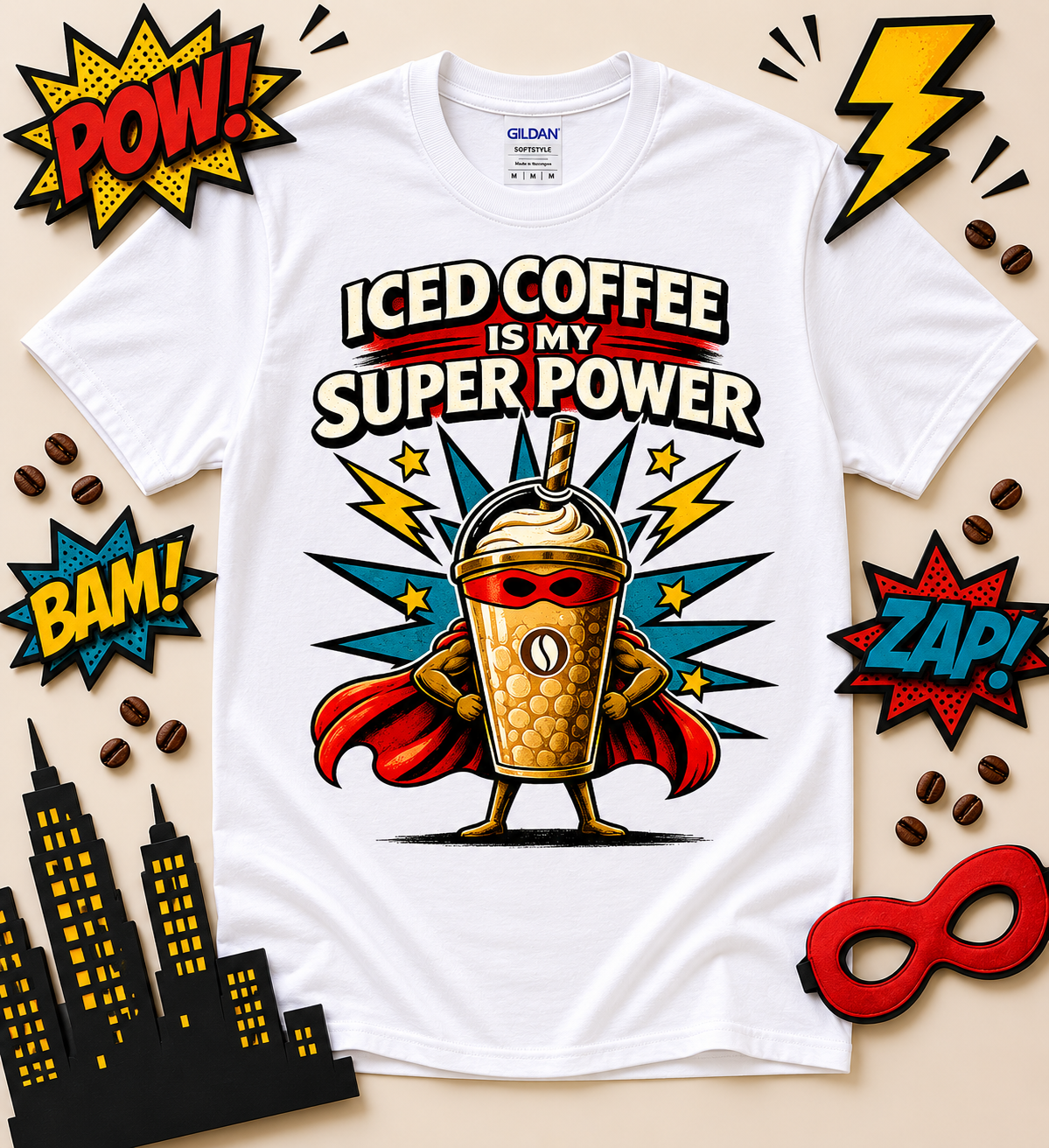 Funny iced coffee is my super power superhero graphic shirt on white tee featuring retro coffee lover design for caffeine enthusiasts and coffee fans