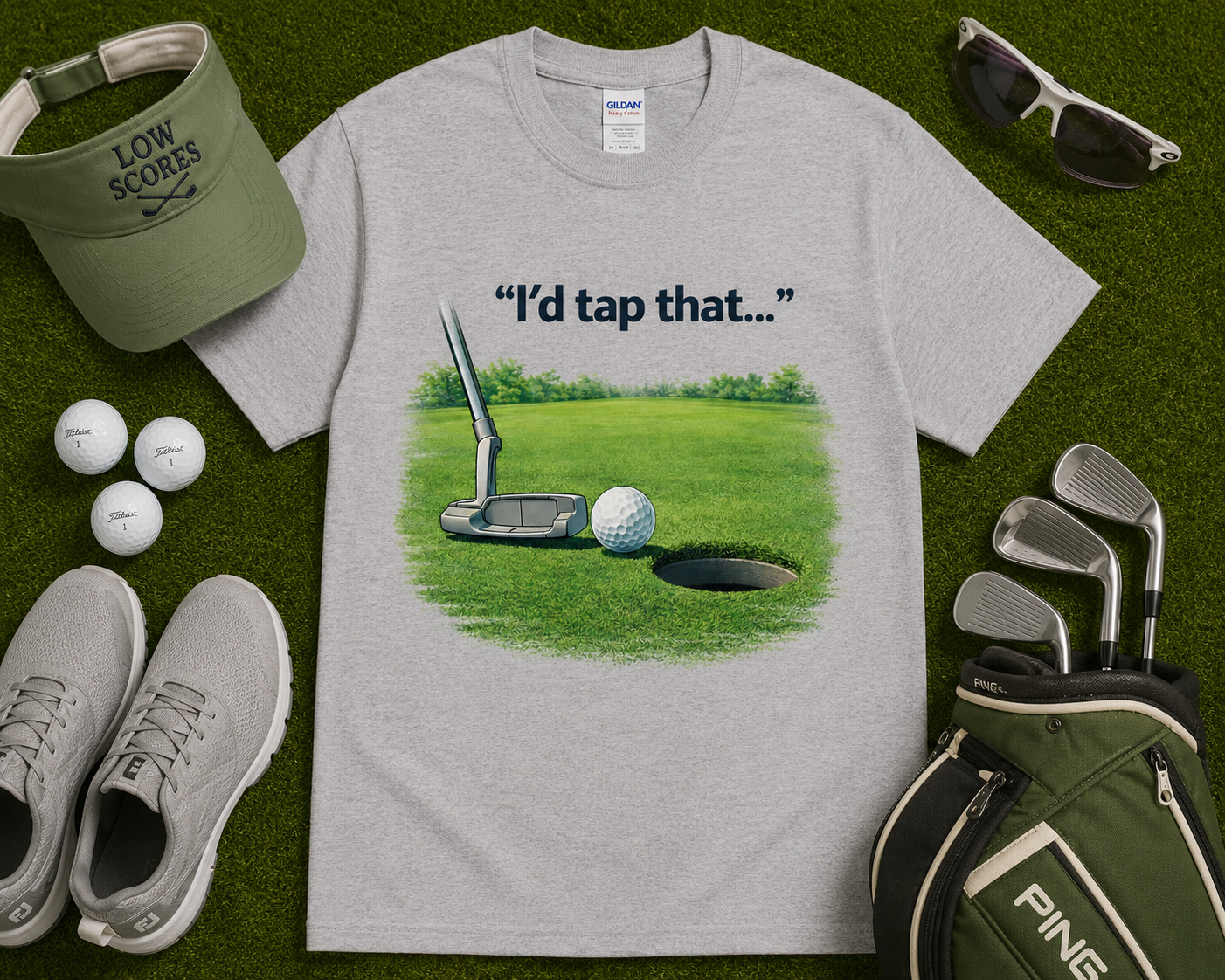 Grey funny putting golf graphic tee with humorous golf putting design