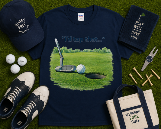 Navy unisex funny golf t shirt with putting green graphic artwork