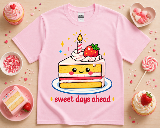 Light pink kawaii cake graphic t shirt with sweet days ahead saying cute bakery aesthetic dessert lover shirt for women kids teens soft pastel unisex tee