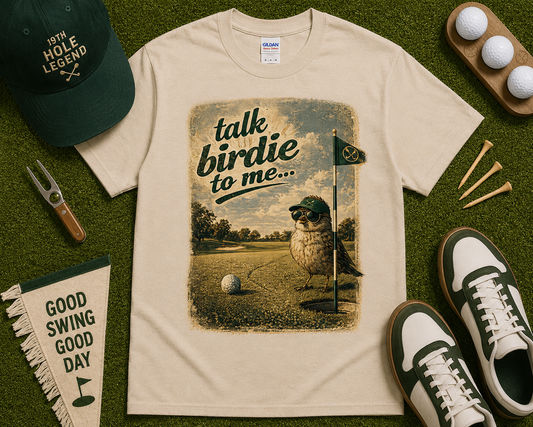 Vintage-inspired funny golf t-shirt in sand color with birdie golf graphic design
