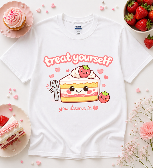 White Treat Yourself You Deserve It kawaii strawberry cake graphic t shirt flat lay