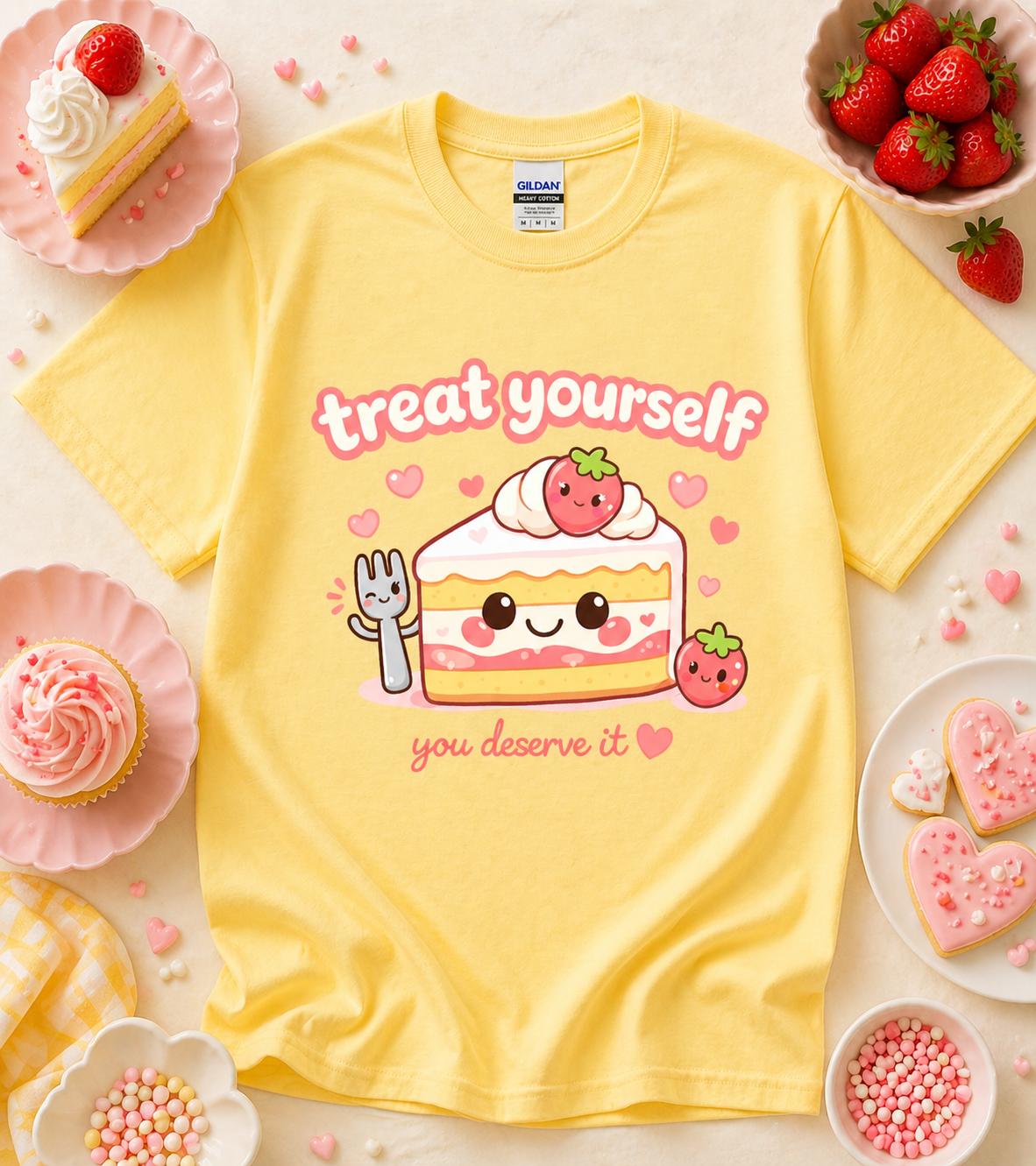 Yellow Treat Yourself You Deserve It cute pastel dessert graphic tee with smiling cake character