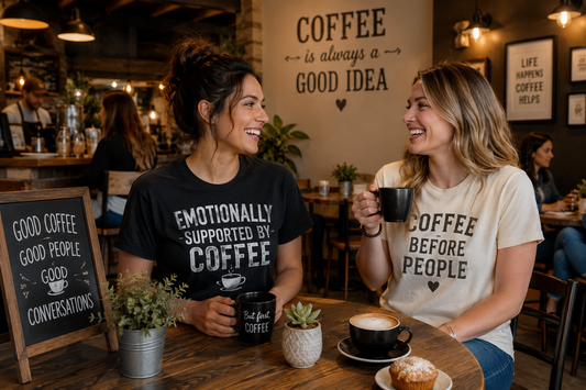 Coffee lovers chatting in cozy coffee shop wearing funny coffee shirts and graphic tees