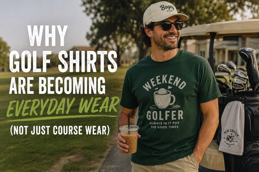 Casual golfer wearing a funny golf shirt at a sunny golf course, featuring relaxed golf lifestyle apparel and everyday off-course golf fashion.