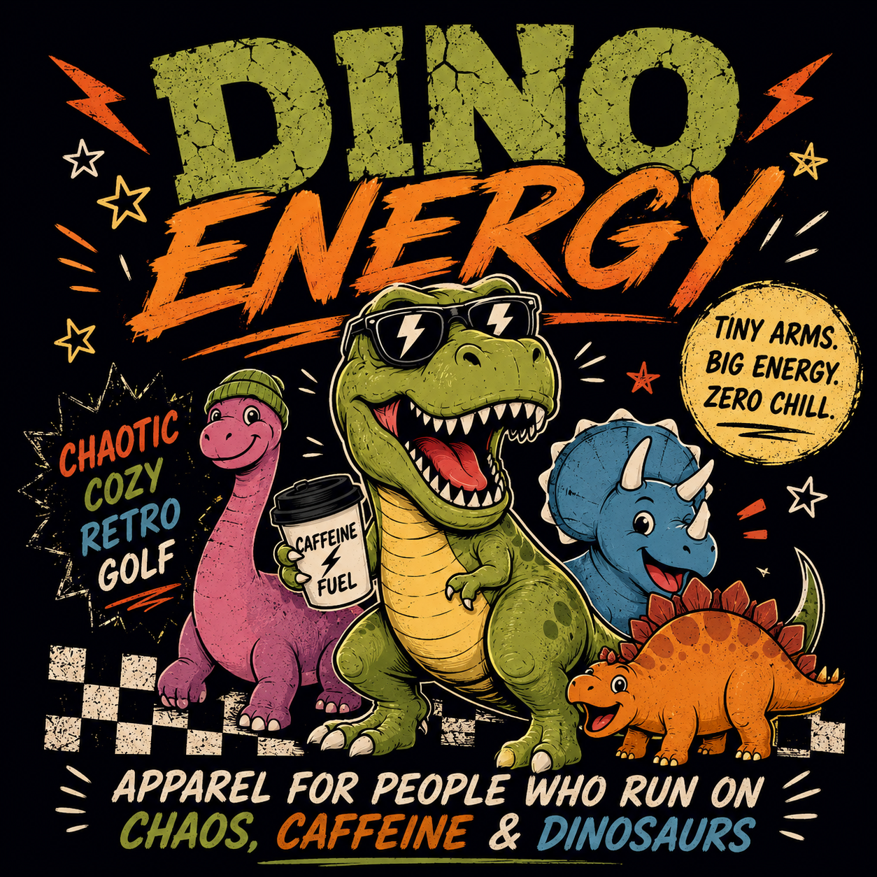 Dino Collection flatlay with white Future Paleontologist skeleton T-shirt and two black cartoon dinosaur graphic tees on neutral background.