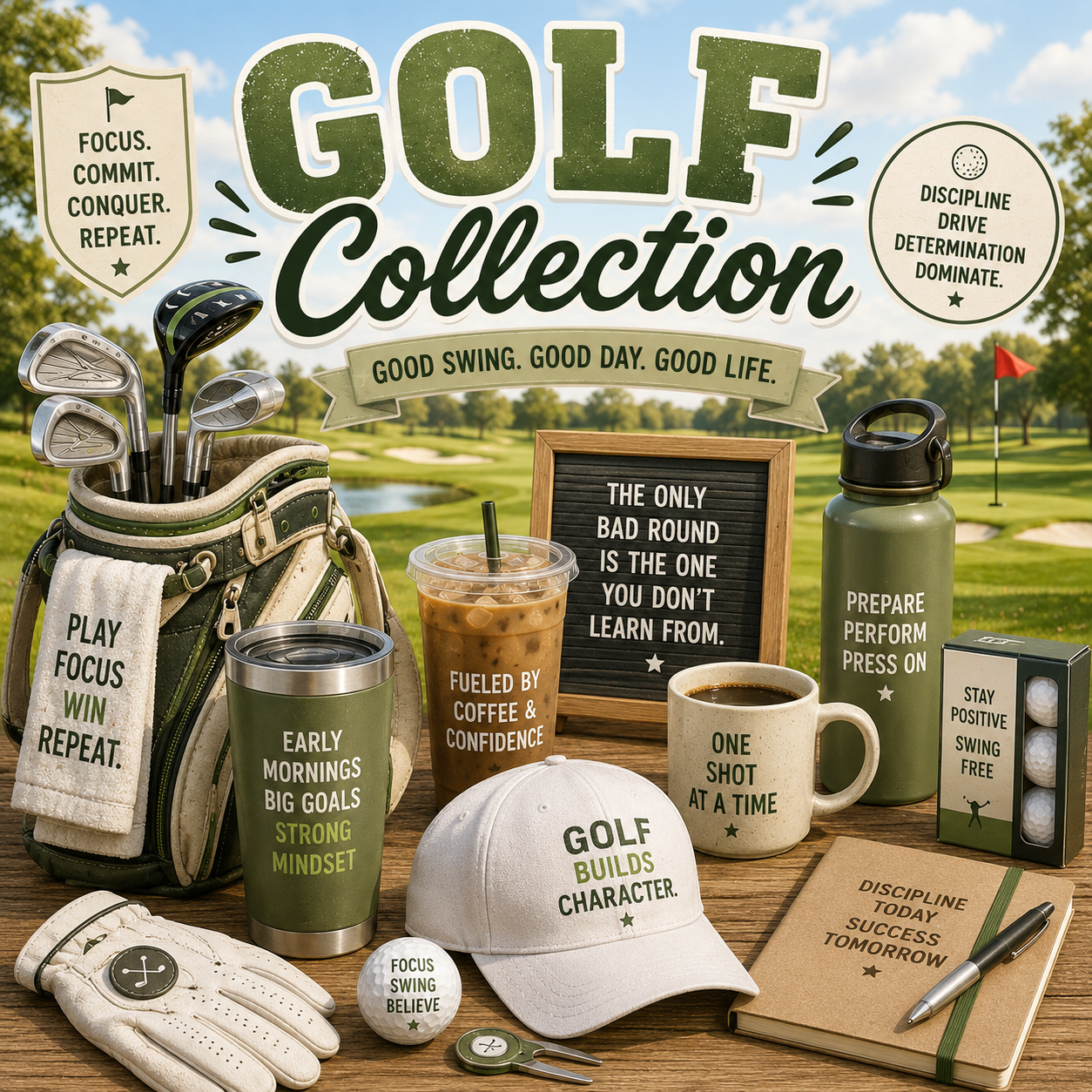 Funny golf shirts collection featuring “We Keeping Score or Drinking” and “I’m Between Clubs” graphic tees on white and black shirts with golf accessories flatlay
