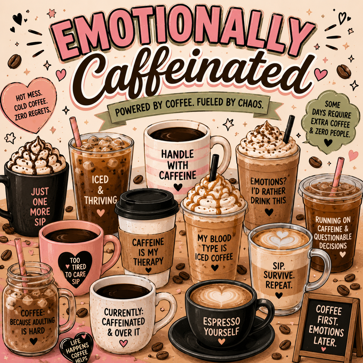 Flat lay of cute coffee graphic tees from Emotionally Caffeinated Collection with iced coffee, bear, and emotional support designs