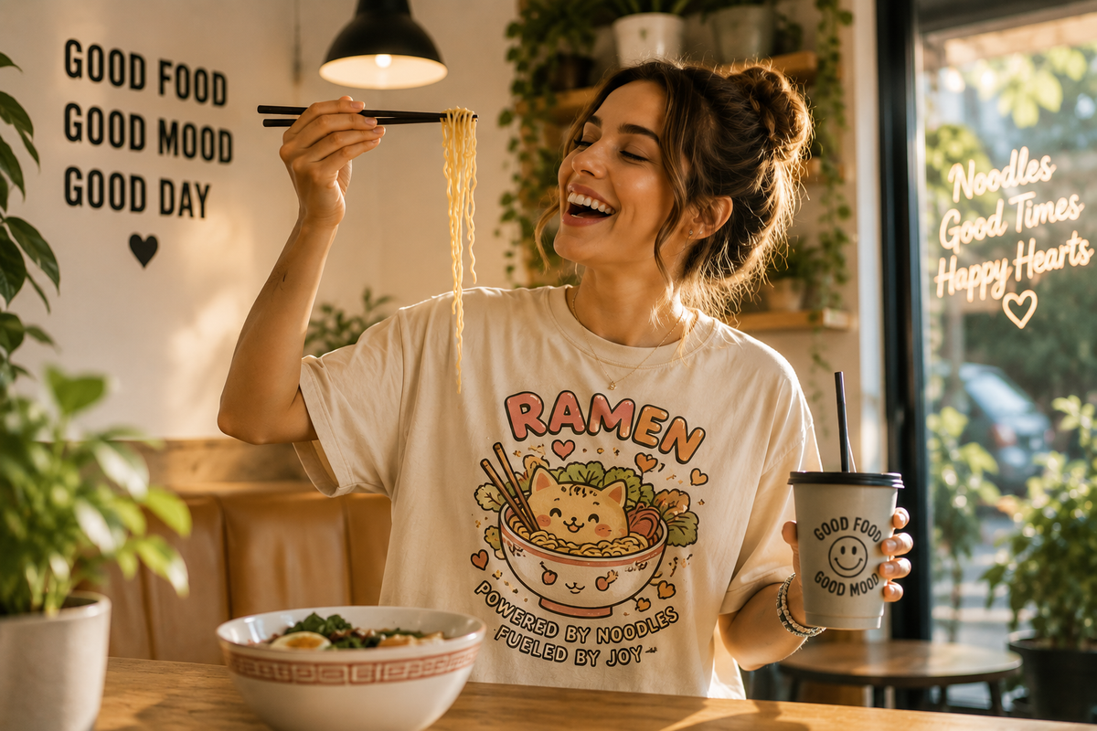 Ramen animal graphic tee worn by woman enjoying noodles