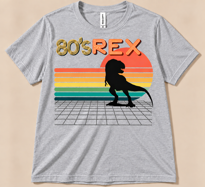Athletic Heather Bella Canvas 3001 80’s REX Tee with black T-Rex, striped sunset and retro dinosaur design