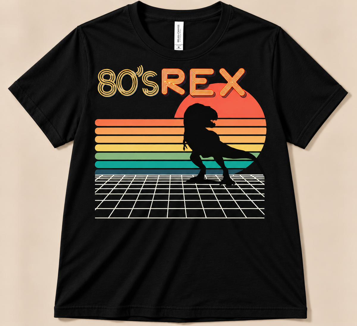 Black Bella Canvas 3001 80’s REX Tee with retro T-Rex, colorful 80s sunset and synthwave dinosaur grid