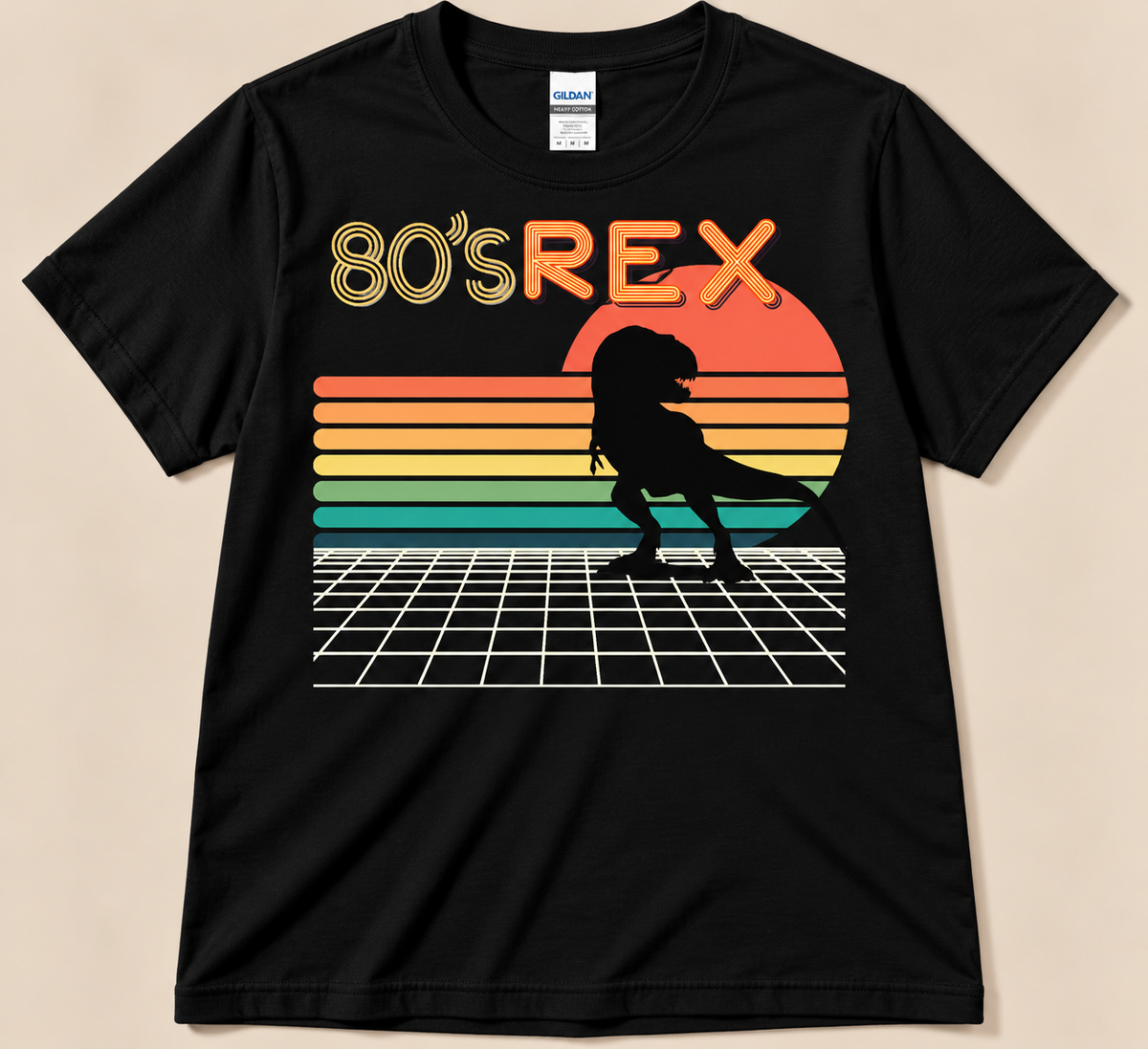 Black Gildan 5000 80’s REX Tee with retro T-Rex, colorful 80s sunset and synthwave grid dinosaur graphic