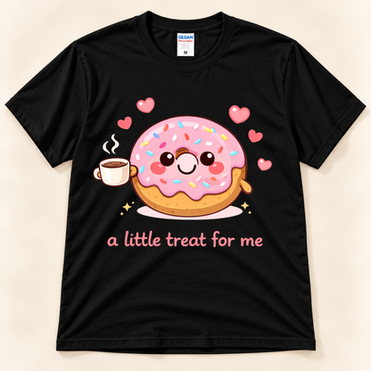 Black Gildan 5000 graphic tee featuring a kawaii pink frosted donut holding hot coffee, surrounded by pink hearts and A Little Treat For Me lettering from New Chapter Tees, a California small business.