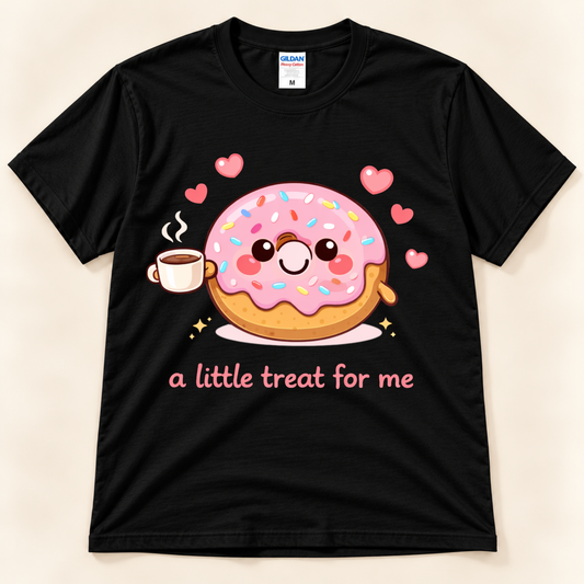 Black Gildan 5000 graphic tee featuring a kawaii pink frosted donut holding hot coffee, surrounded by pink hearts and A Little Treat For Me lettering from New Chapter Tees, a California small business.