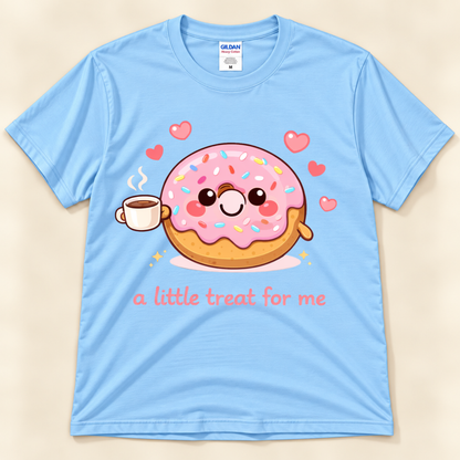 Light Blue Gildan 5000 donut graphic shirt featuring a smiling pink sprinkle donut holding coffee, floating hearts, and the A Little Treat For Me saying from New Chapter Tees, a California small business.
