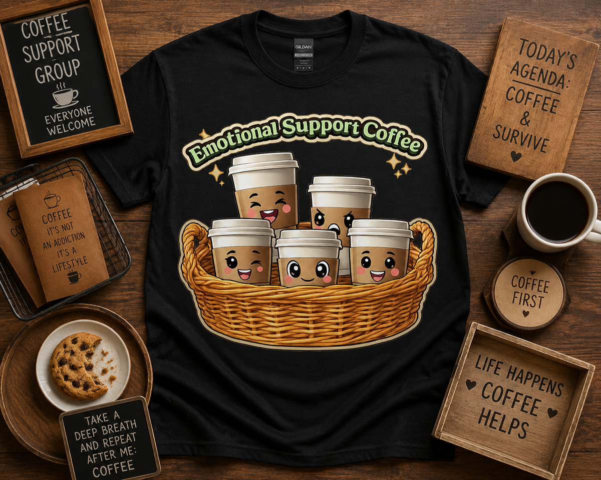 Funny Emotional Support Coffee graphic tee on Black Gildan 5000 featuring cute coffee cups in a basket coffee lover shirt cozy café gift USA