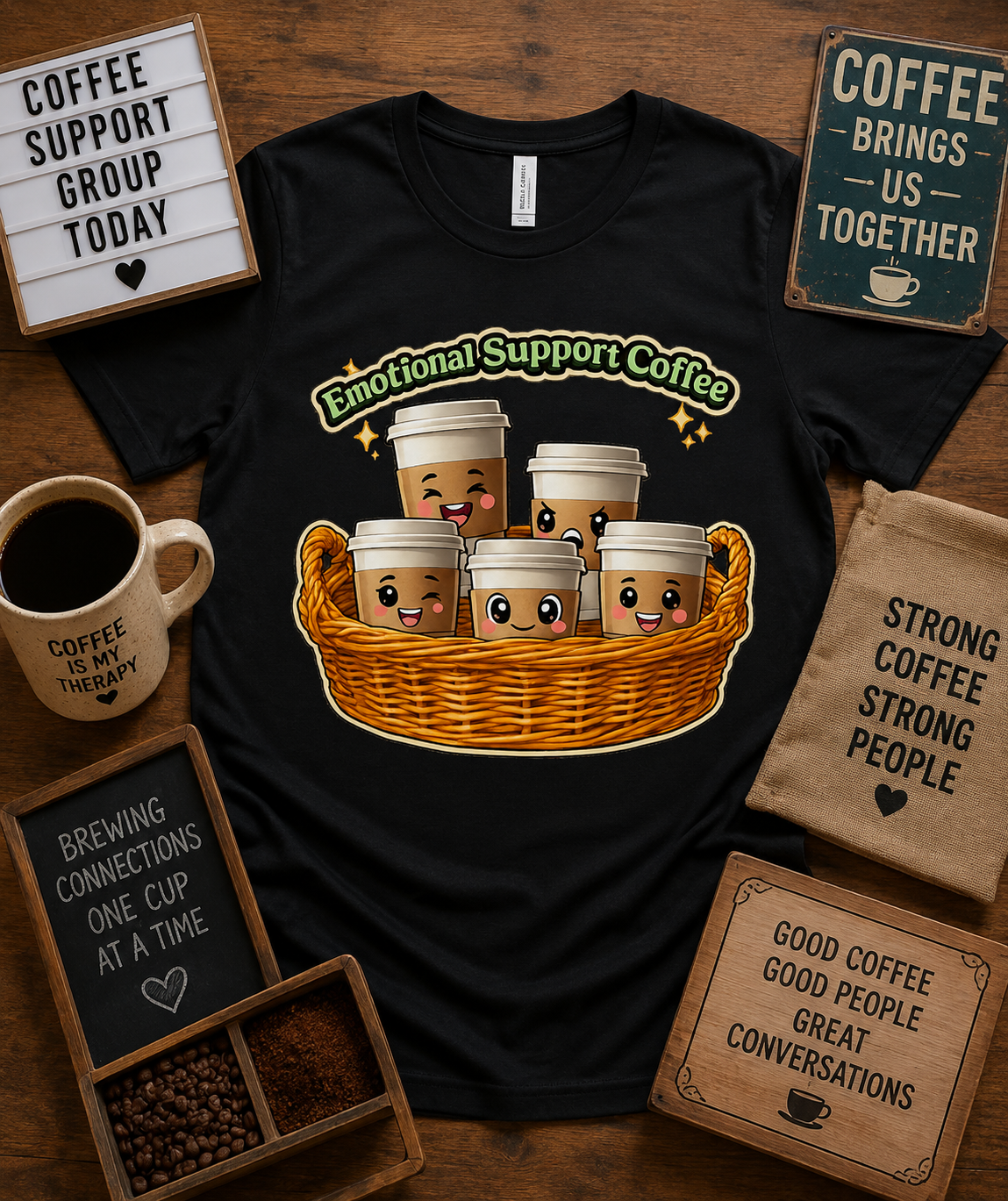 Premium Emotional Support Coffee graphic tee on Black Bella Canvas 3001 featuring cute coffee cup basket coffee lover shirt USA