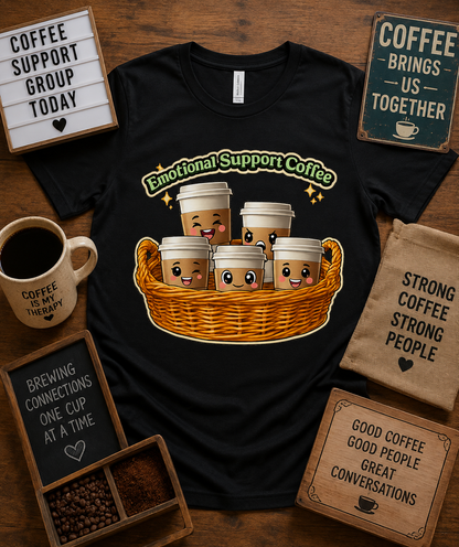 Premium Emotional Support Coffee graphic tee on Black Bella Canvas 3001 featuring cute coffee cup basket coffee lover shirt USA