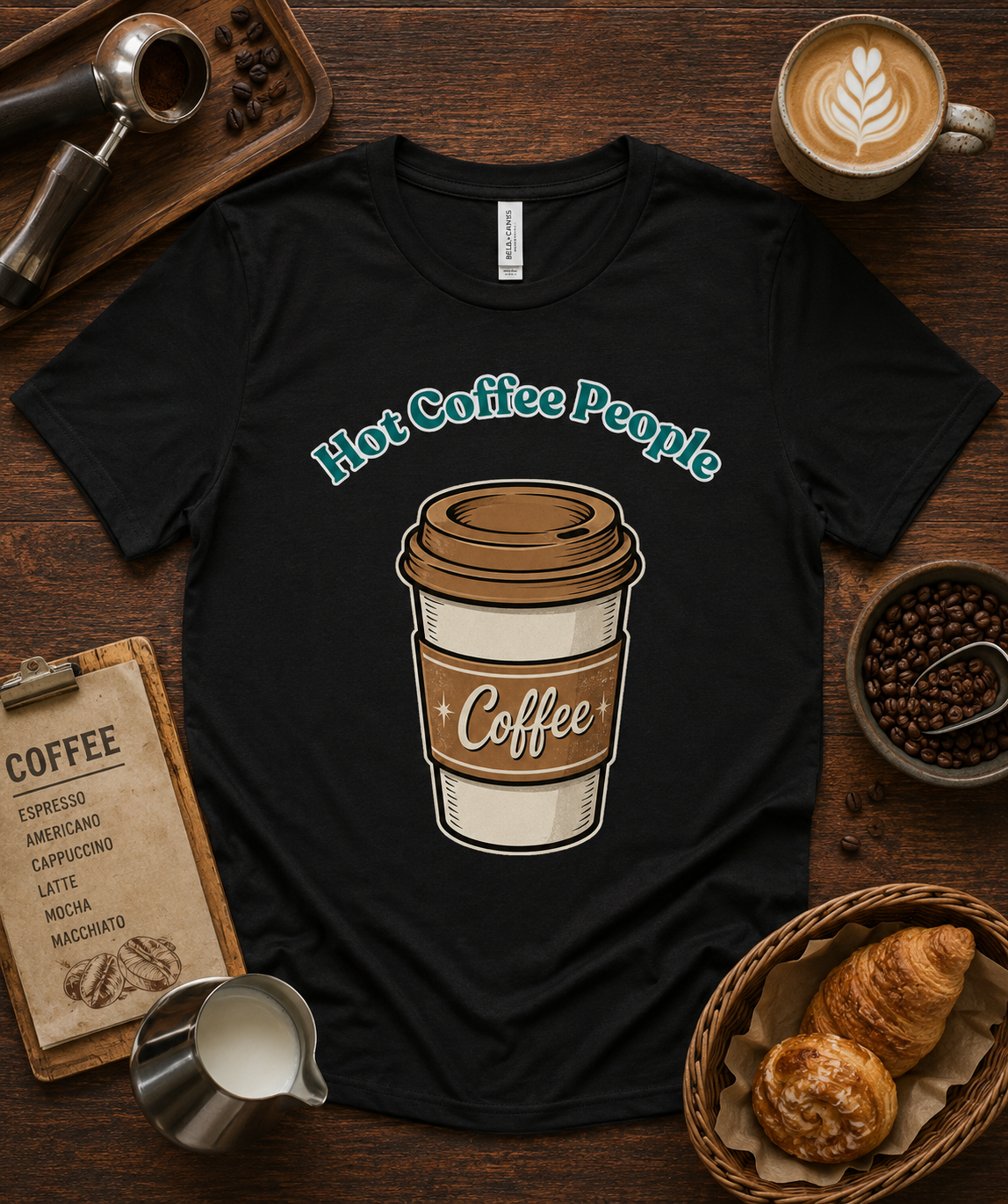 Hot Coffee People premium soft coffee lover graphic tee on black Bella Canvas 3001 featuring retro coffee cup artwork for coffee lovers café fans baristas and everyday lifestyle fashion in the USA