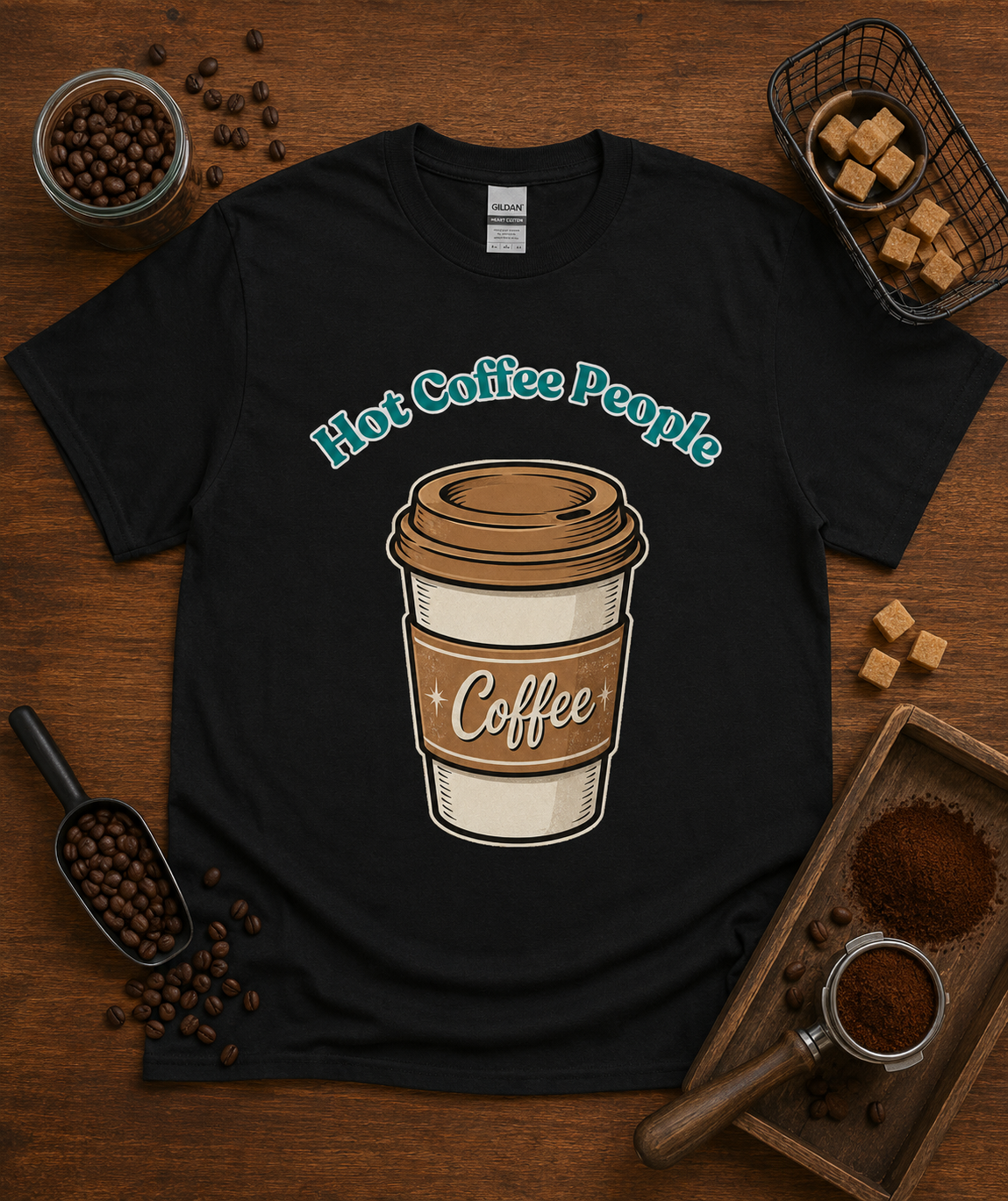 Hot Coffee People coffee lover graphic tee on black Gildan 5000 classic heavy cotton shirt with retro coffee cup design for coffee lovers café enthusiasts baristas and cozy everyday casual wear in the USA