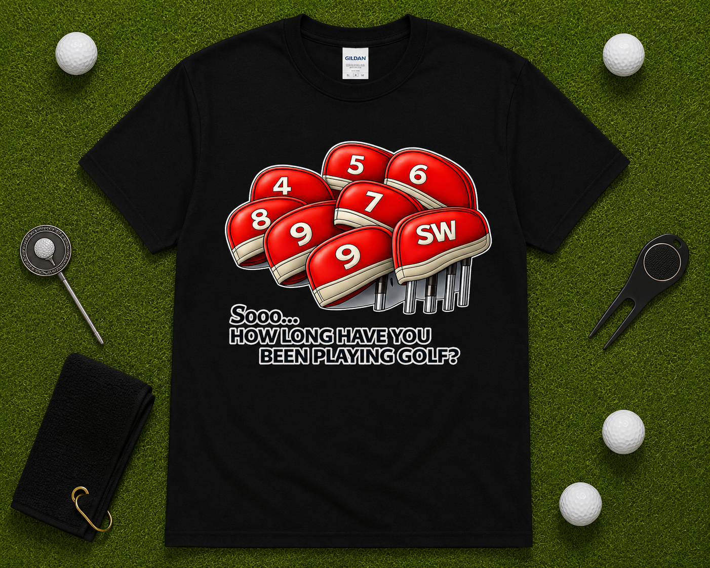 Black funny golf shirt flatlay featuring How Long Have You Been Playing Golf graphic with golf headcovers and golf accessories on putting green backdrop. Golf lover gift shirt for tournament players, golf coaches, golf retirees, golf fans, and casual golfers across the United States.