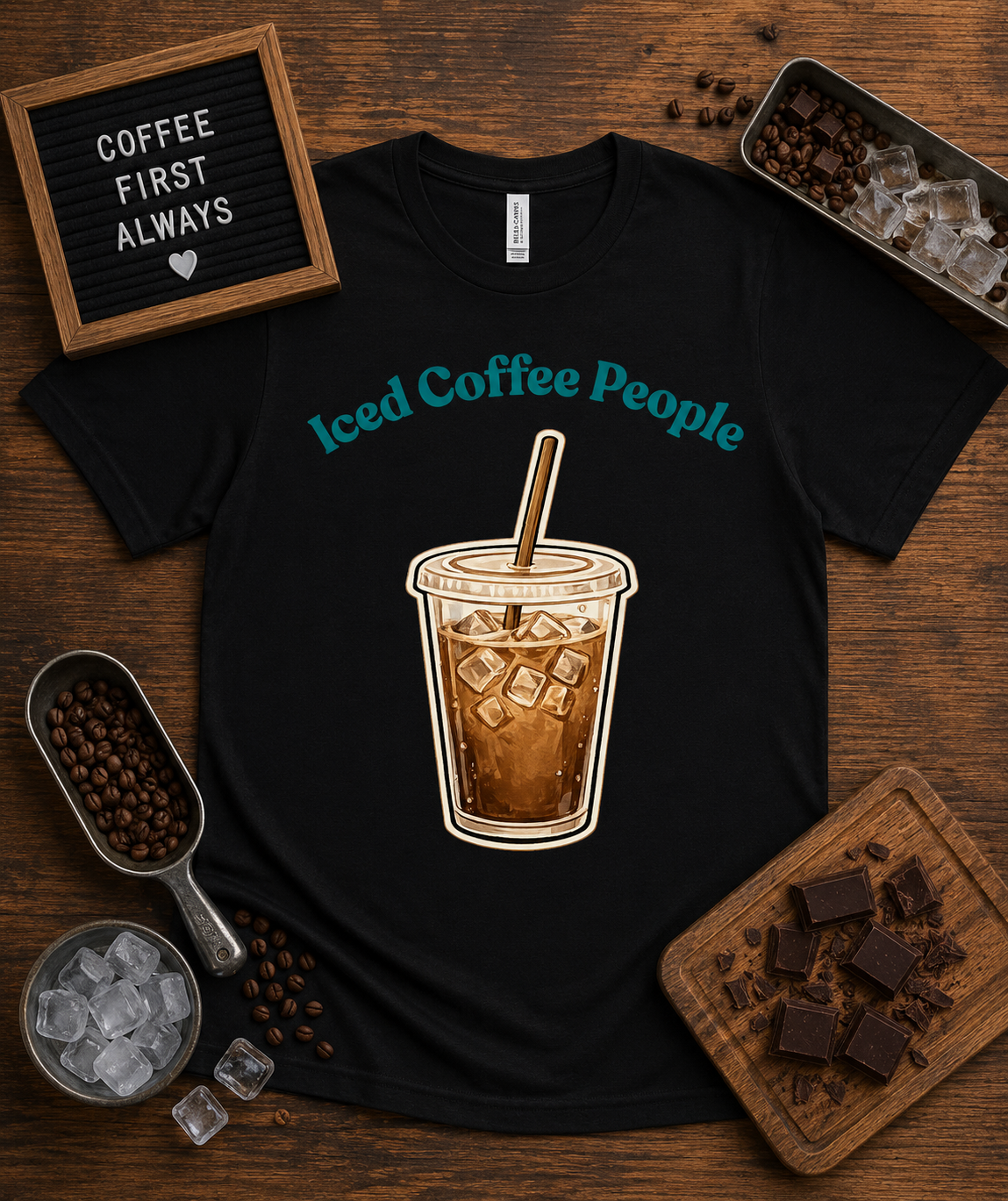 Cute Iced Coffee People graphic tee on Black Bella Canvas 3001 premium soft shirt featuring iced coffee artwork for coffee lovers lightweight cafe apparel USA