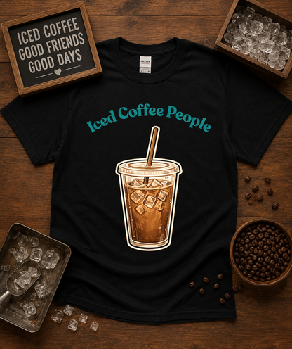 Cute Iced Coffee People graphic tee on Black Gildan 5000 classic heavy cotton shirt featuring iced coffee illustration for coffee lovers casual cafe apparel USA