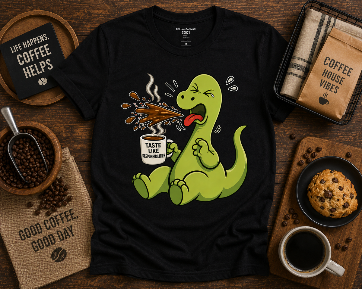 Premium funny dinosaur coffee shirt on Black Bella Canvas 3001 Taste Like Responsibilities coffee graphic tee USA